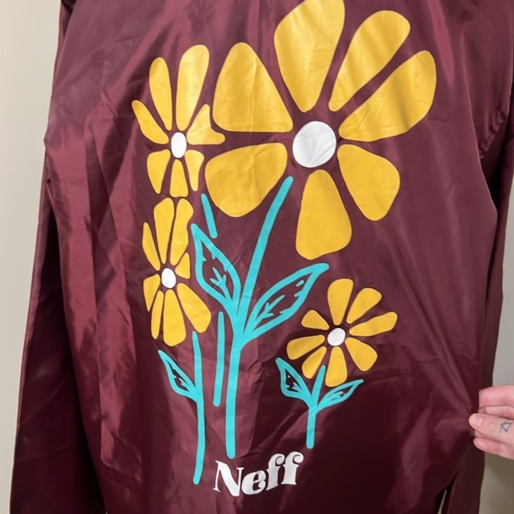 Neff Jacket Burgundy Snap Floral Windbreaker Skater Long Sleeve Men’s Size L - Picture 4 of 7